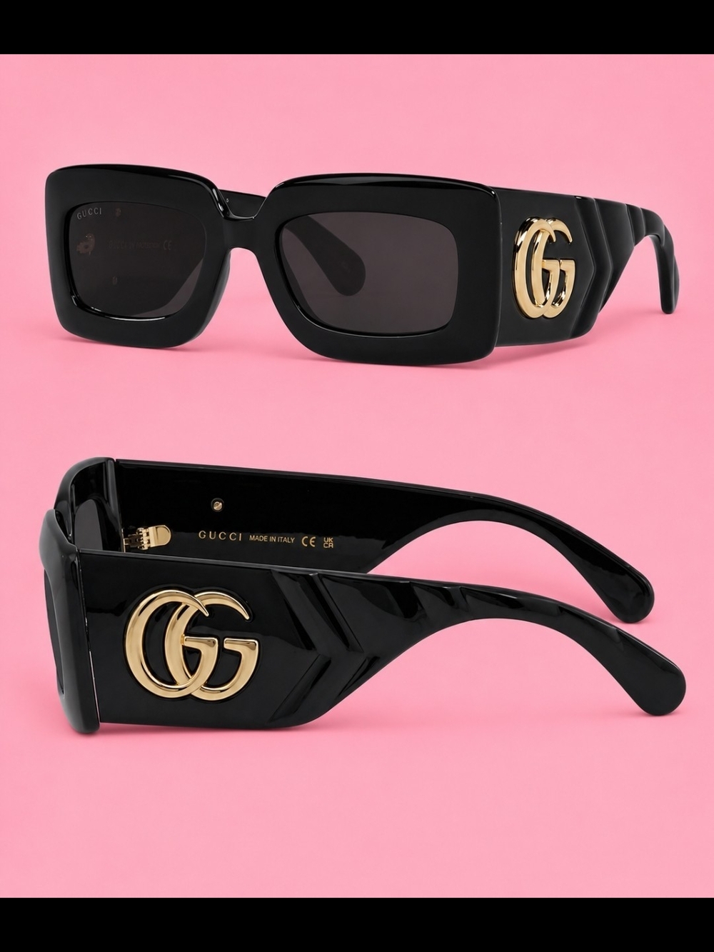 Gucci GG0811S Black Rectangular Sunglasses with Gold GG Logo.Brand New